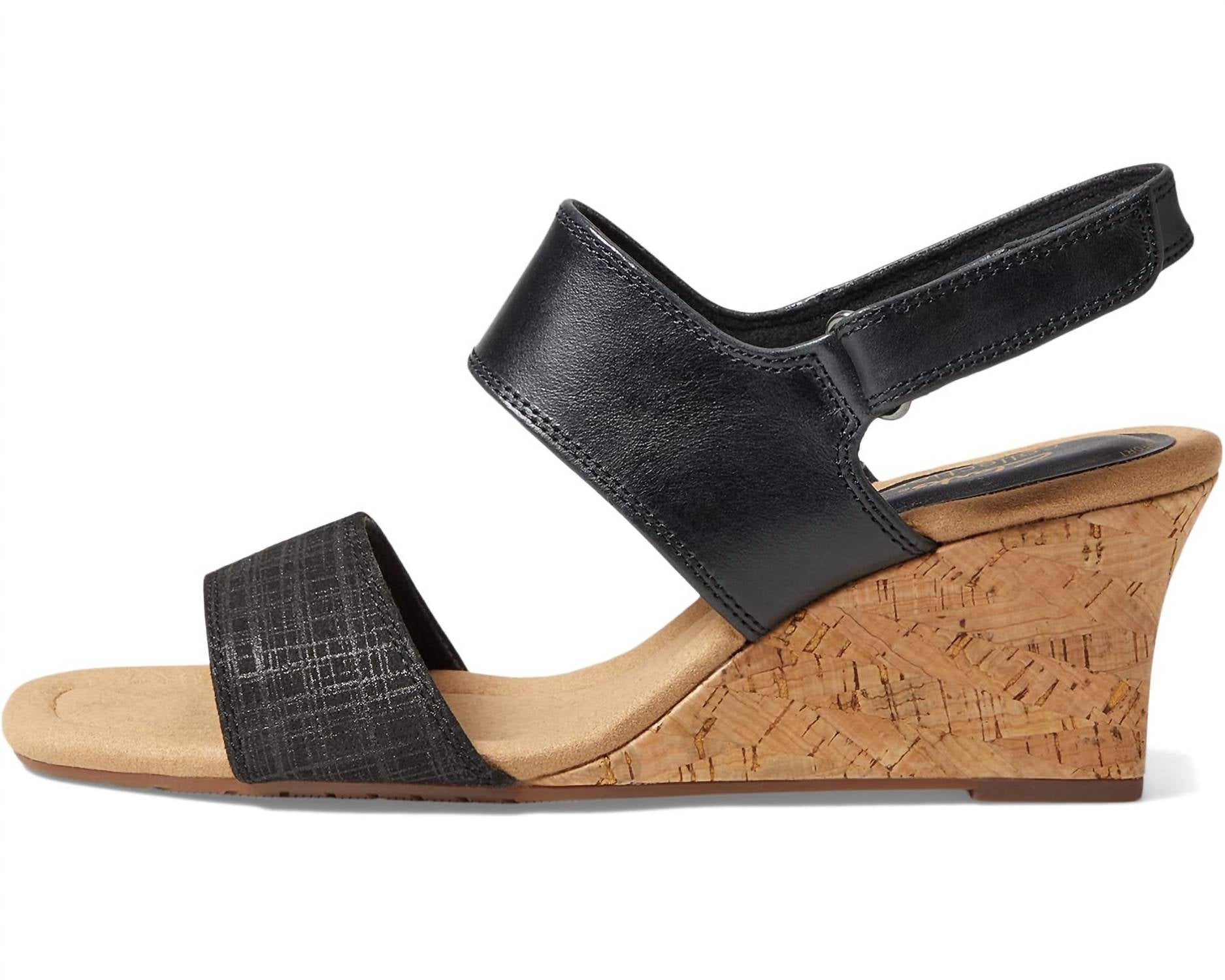 Clarks Women's Kyarra Faye Wedge Sandal in black leather - women's sandal - detail view