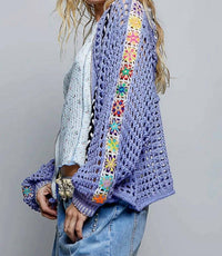 POL Crochet Zip-up Cardigan Hoodie in periwinkle - women's top - detail view