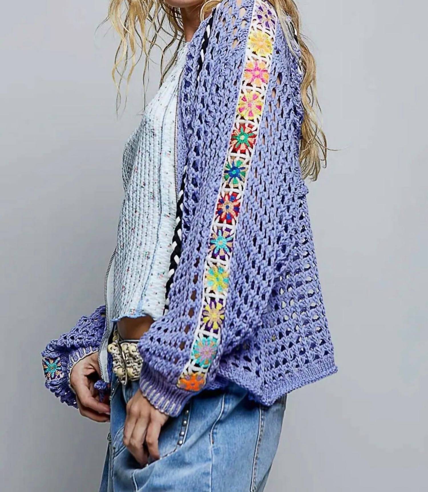 POL Crochet Zip-up Cardigan Hoodie in periwinkle - women's top - detail view