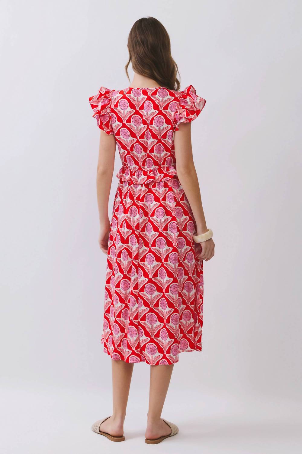 Tcec - Floral Ruffle Sleeves Midi Dress