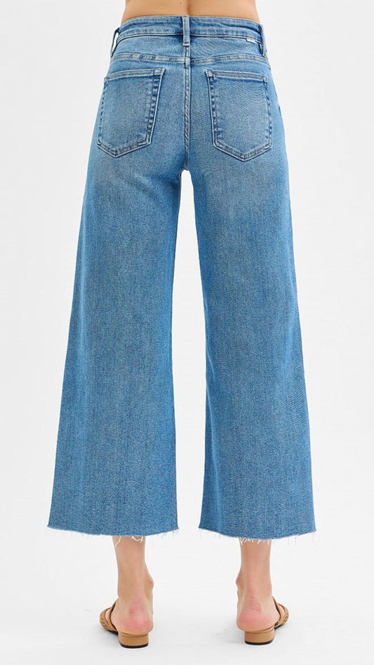 Risen - Mid Rise Tummy Control Crop Wide Front Slit Jeans