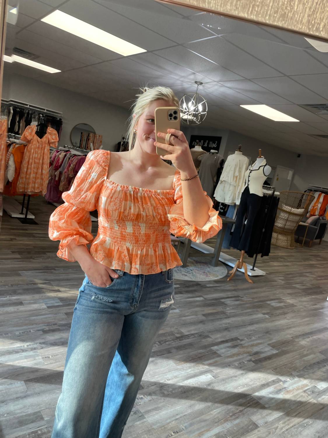Olivaceous - Gingham Print Bubble Sleeve Top