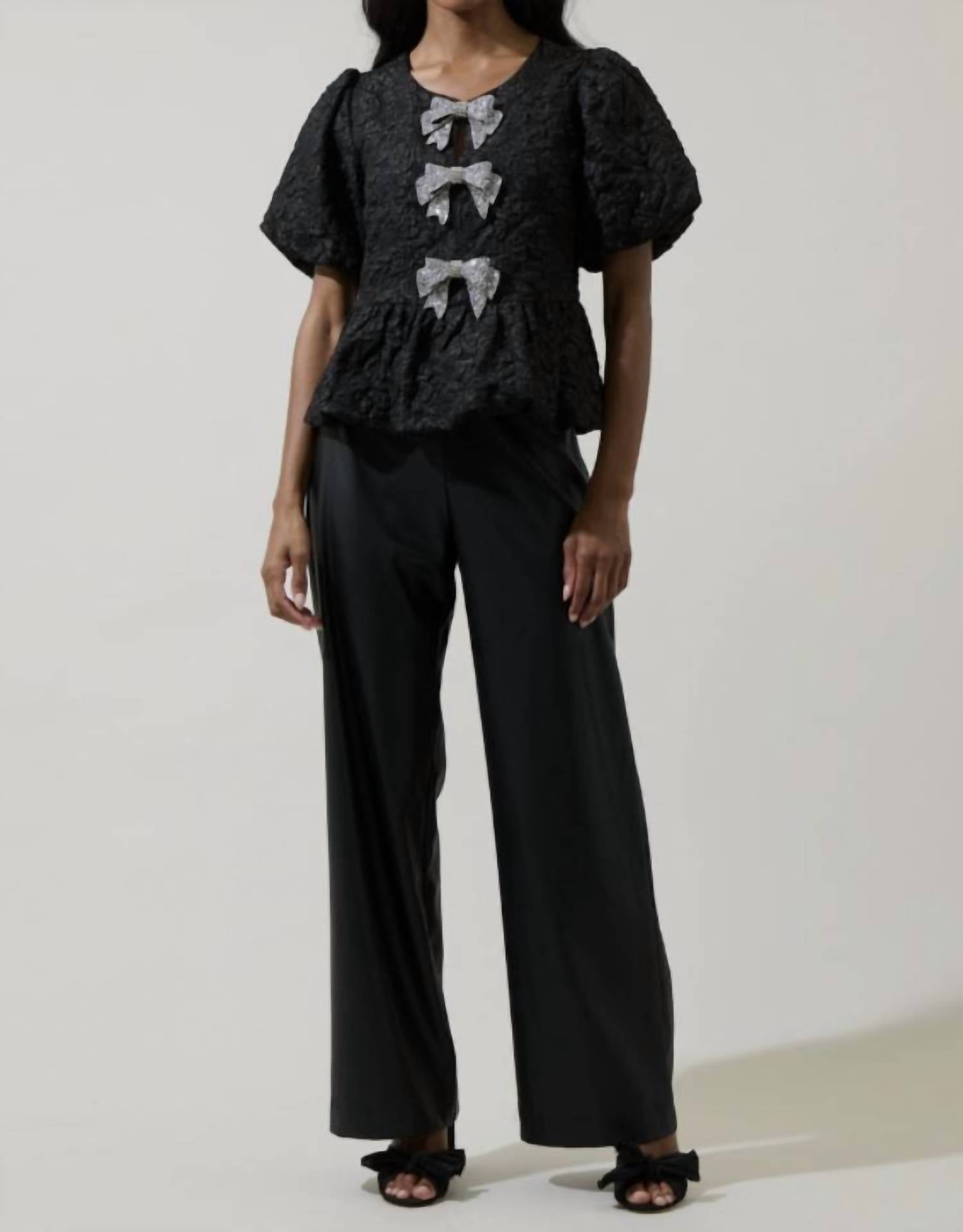 SUGARLIPS Arielle Jacquard Glow Bow Top in black - women's t-shirt - alternate view