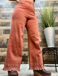 Entro - Embroidered Hem Ankle Length Stretch Denim Pants