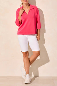 Tribal - 3/4 Sleeve Henley Top With Side Slits
