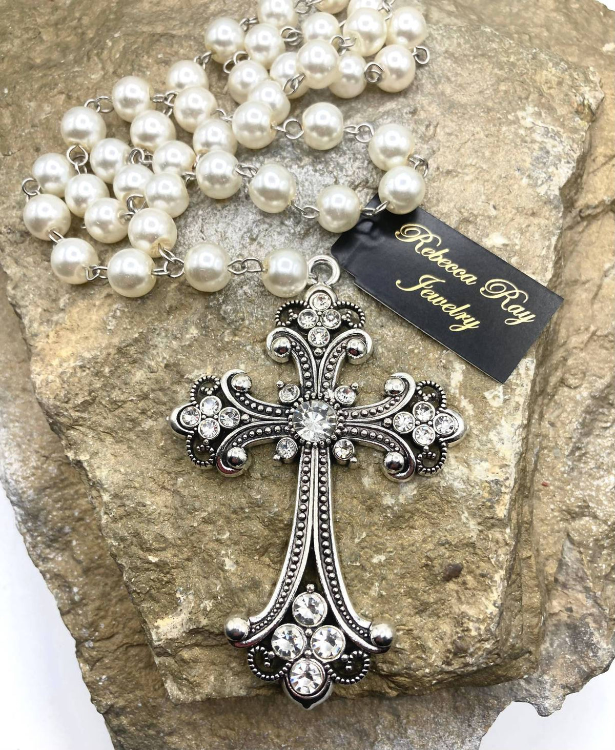 Rebecca Ray Jewelry - Women's Vintage Pearl Beaded Cross Necklace