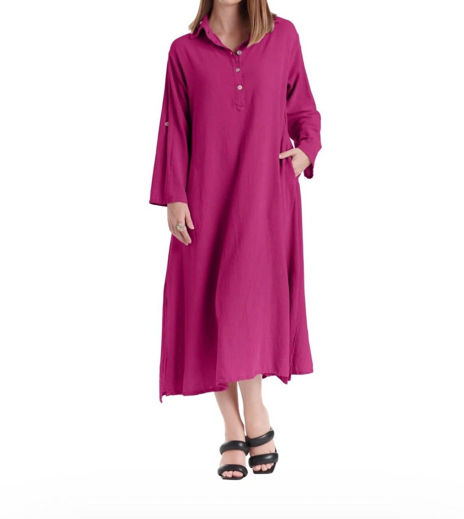 Oh My Gauze! River Button Down Midi Dress in fuchsia - women's dress