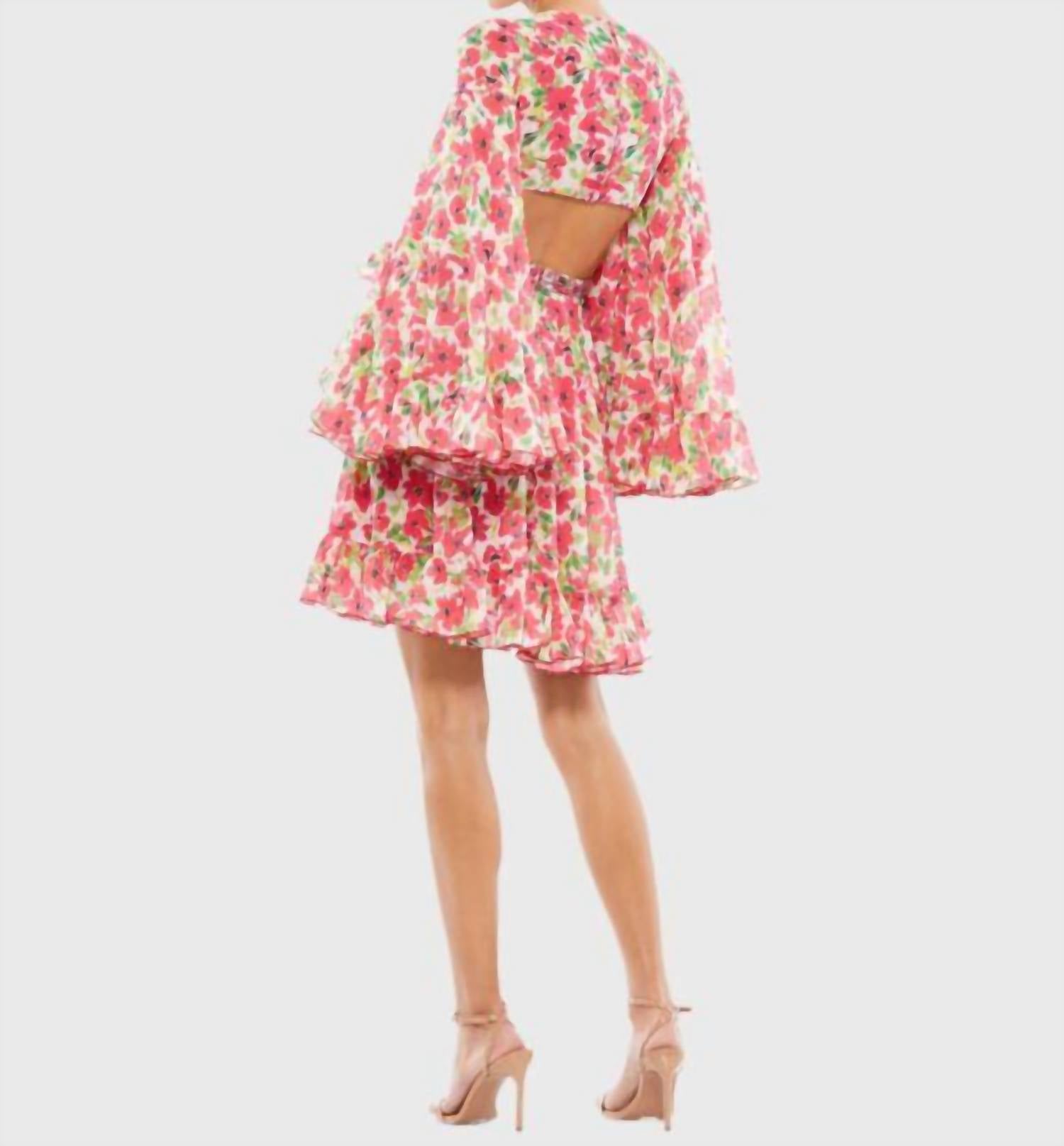 Mac Duggal - Floral Cutout Bell Sleeve Mini Dress