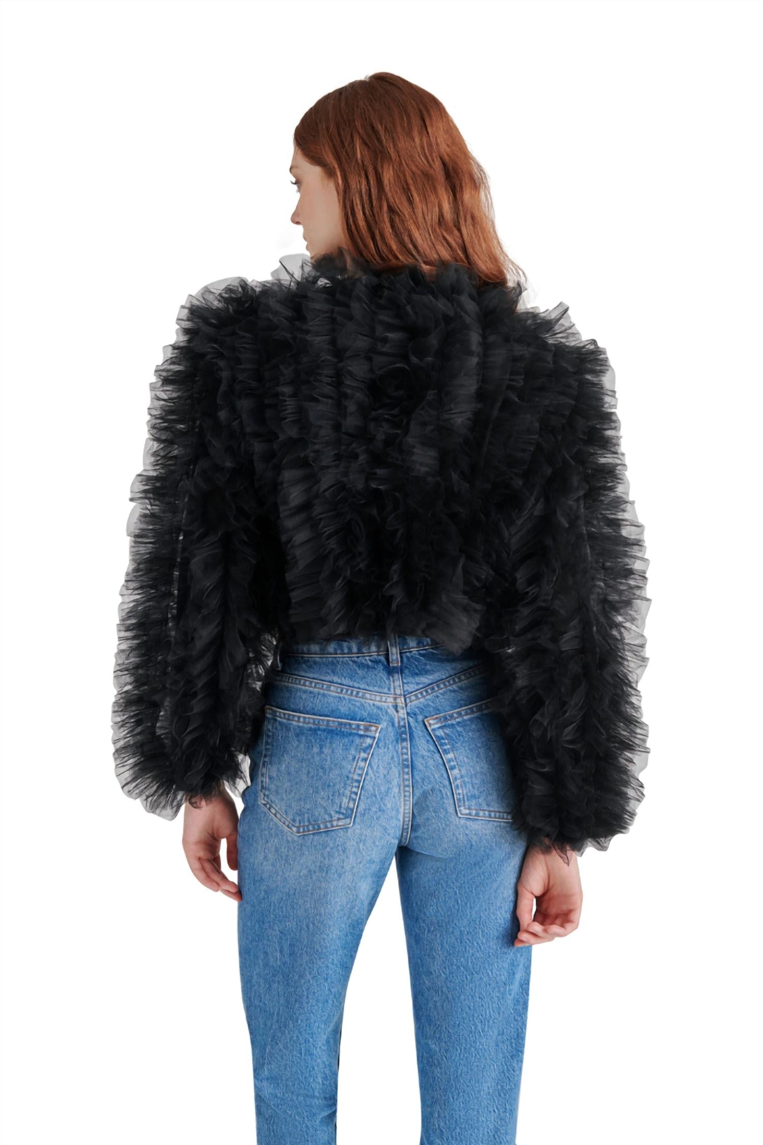 STEVE MADDEN Odile Ruffled Tulle Jacket in black - women's jacket - detail view