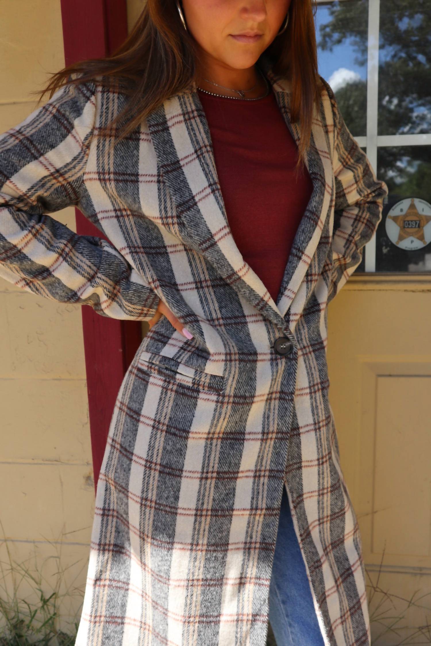 SAGE THE LABEL Orchard Plaid Long Coat in beige - women's jacket - view 4