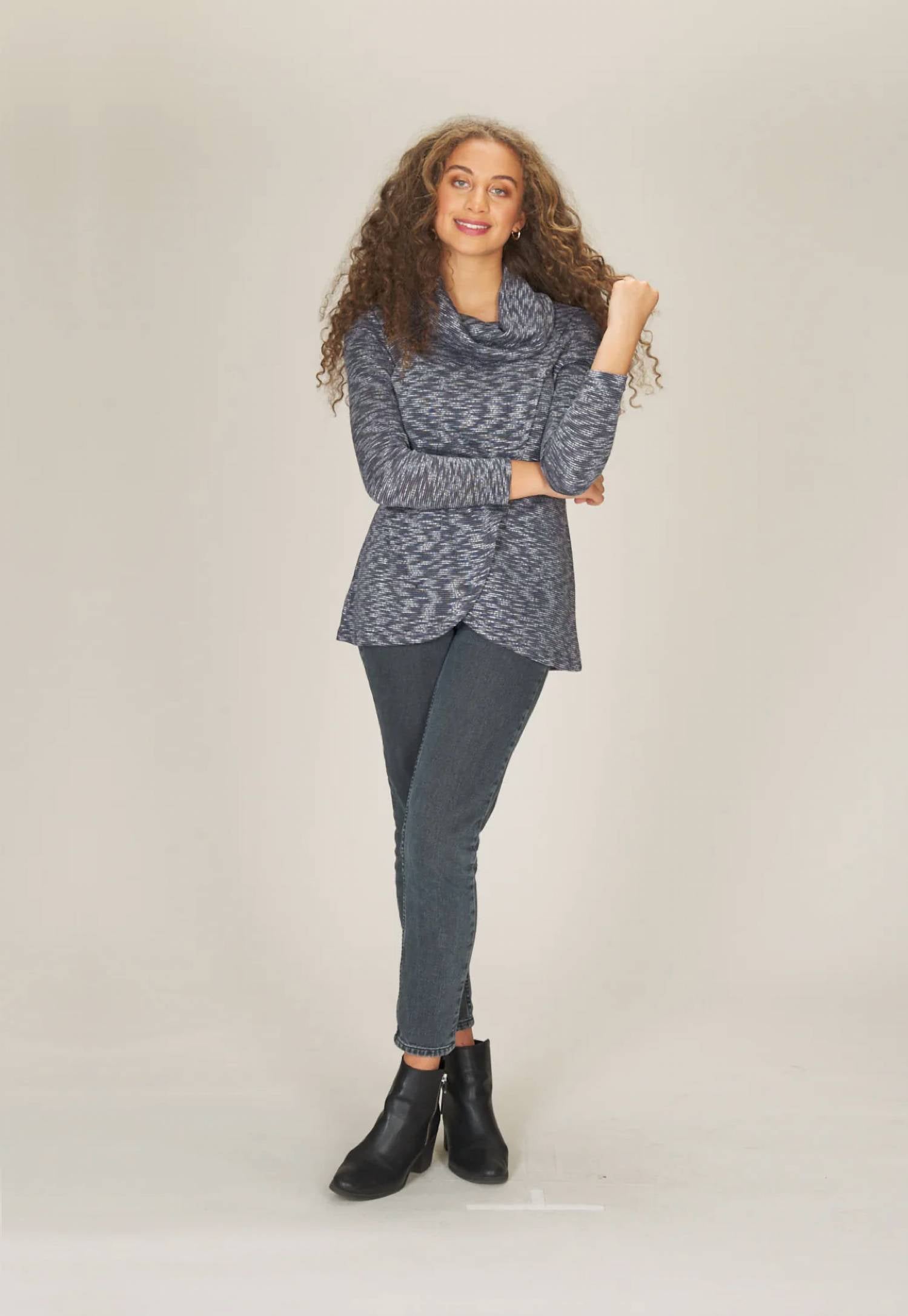 Papillon - Textured Heathered Cowl Neck Faux Wrap Cardigan