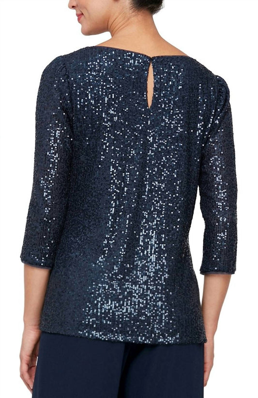 Sequin 3/4 Sleeve Blouse with Side Slit Detail
