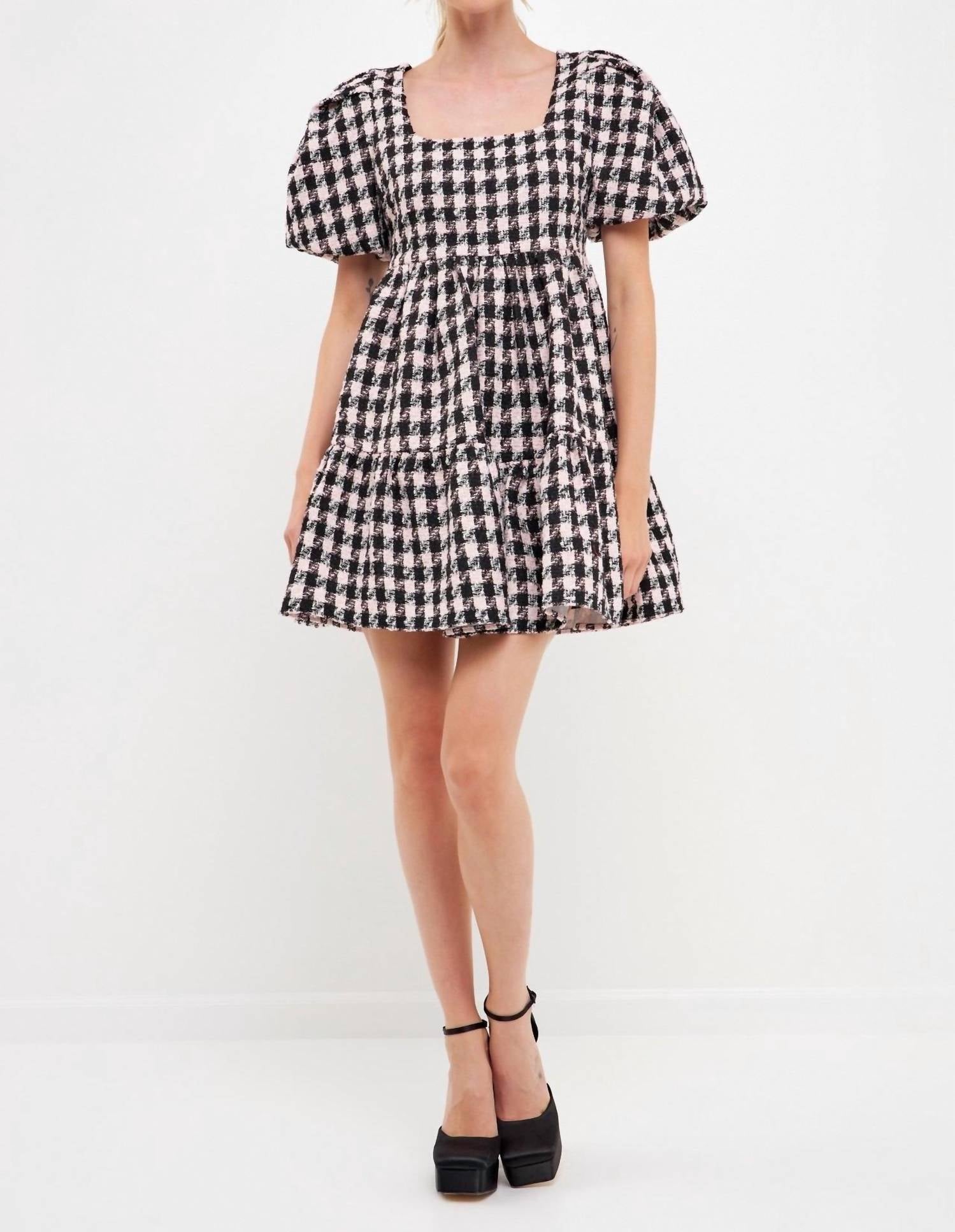 English Factory - Genevieve Tweed Puff Sleeve Mini Dress