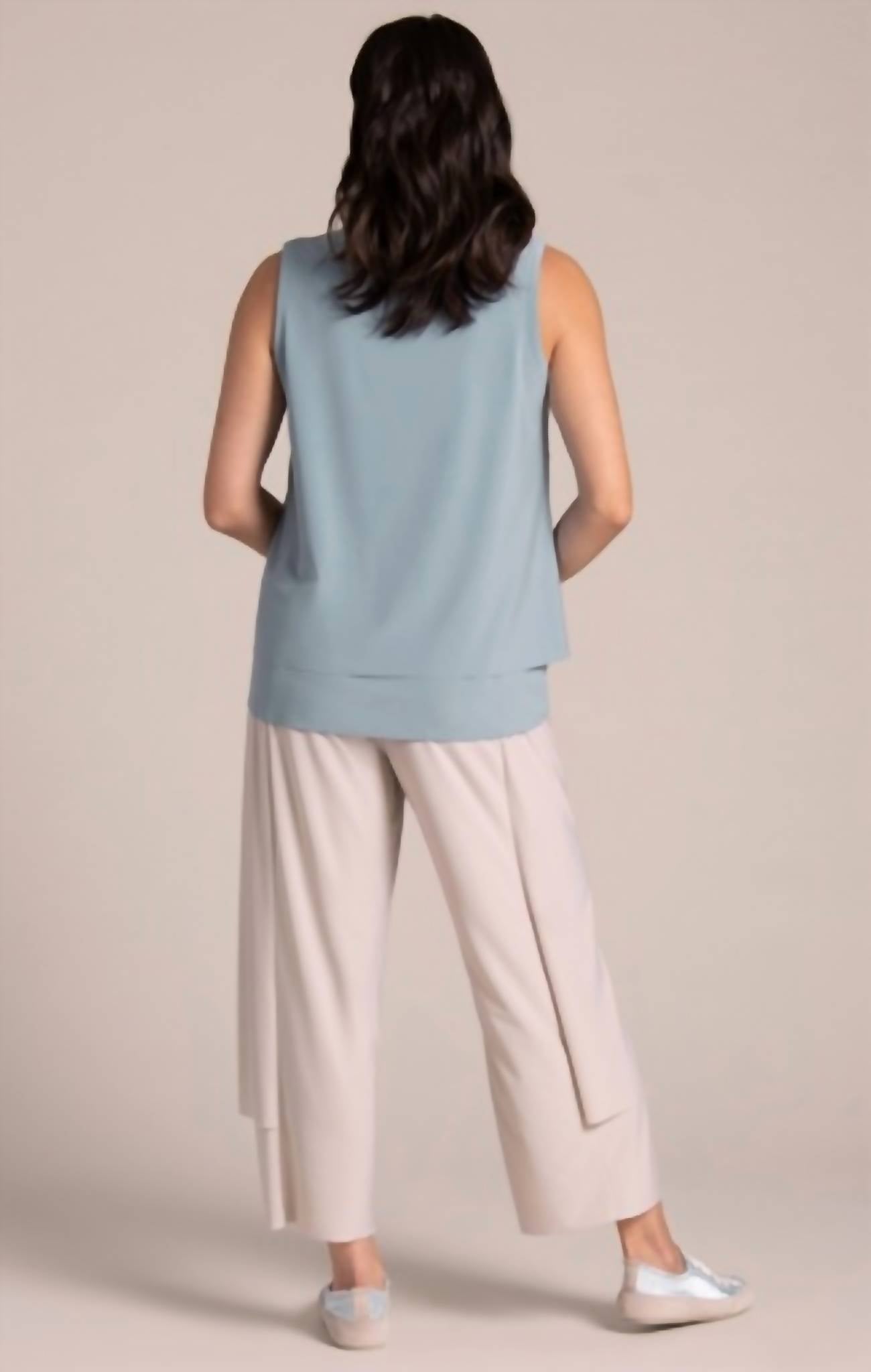 Sympli Sleeveless Double Layer Shell Top With Jewel Neck in stone blue - women's blouse - detail view
