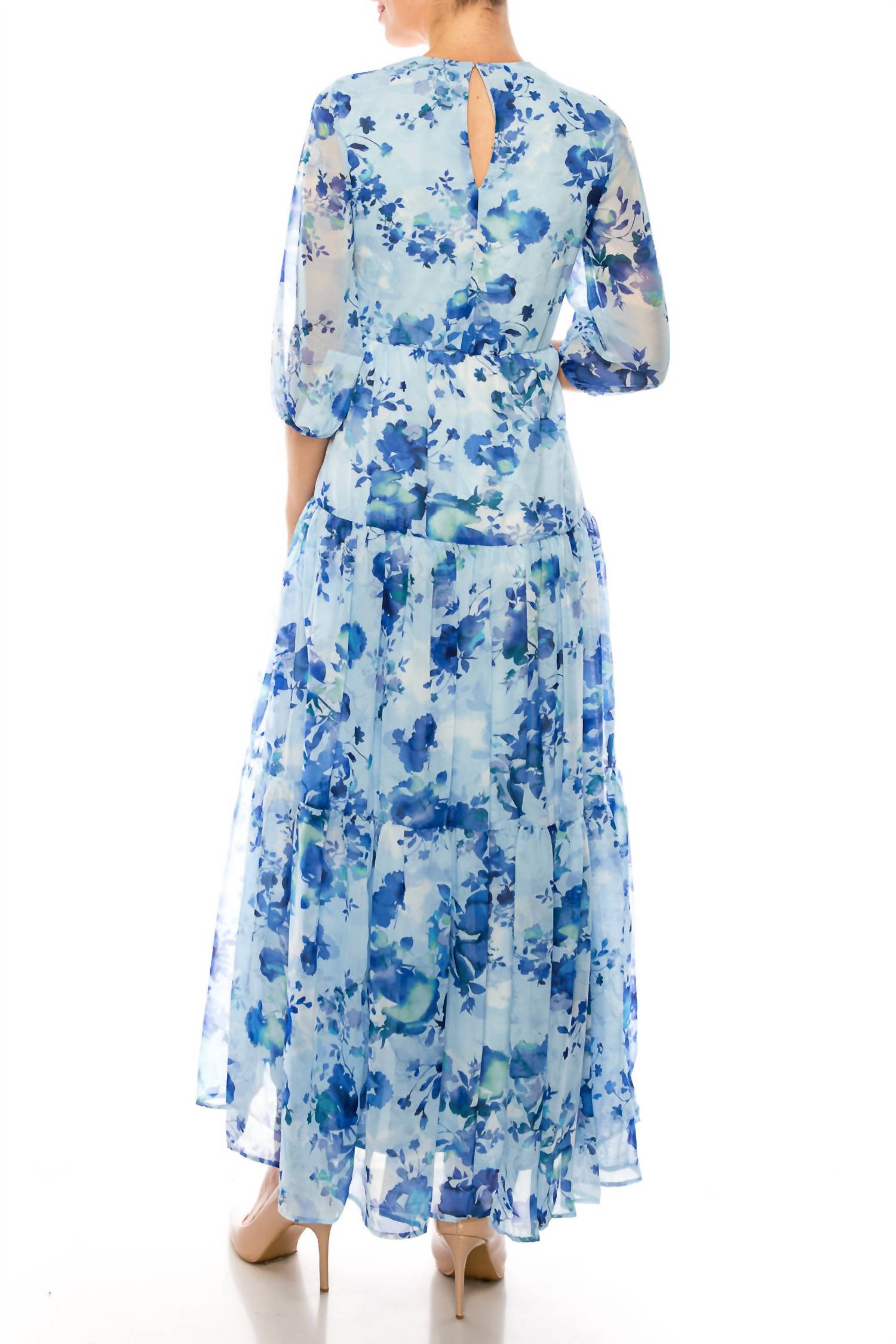 Maison Tara - Floral Print Three Fourth Sleeve Tiered Maxi Dress