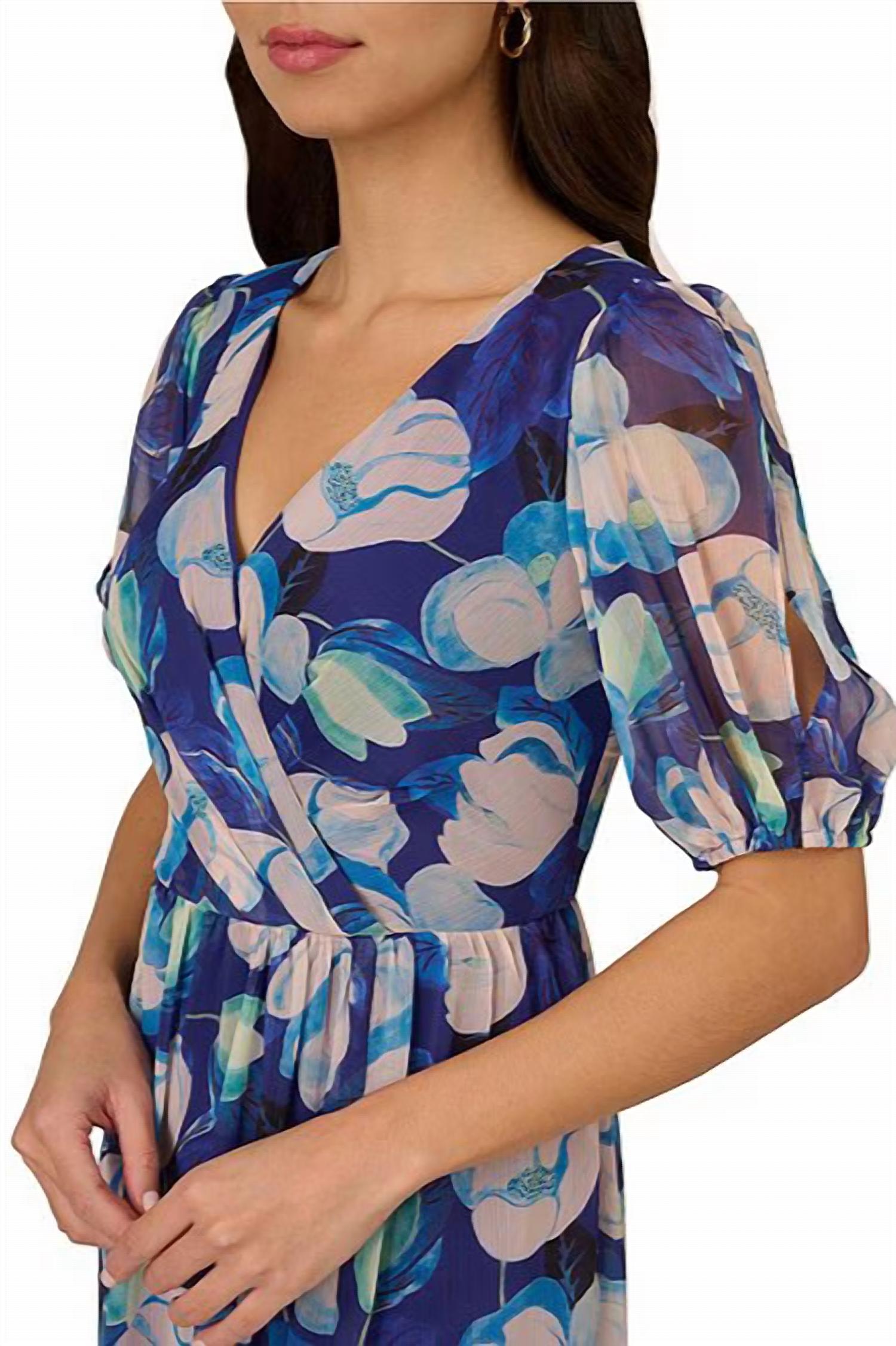Adrianna Papell - Floral Print V-neck Short Sleeve Maxi Dress