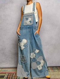 Pol - Embroidery Patchwork Buckle Back Woven Denim Overalls