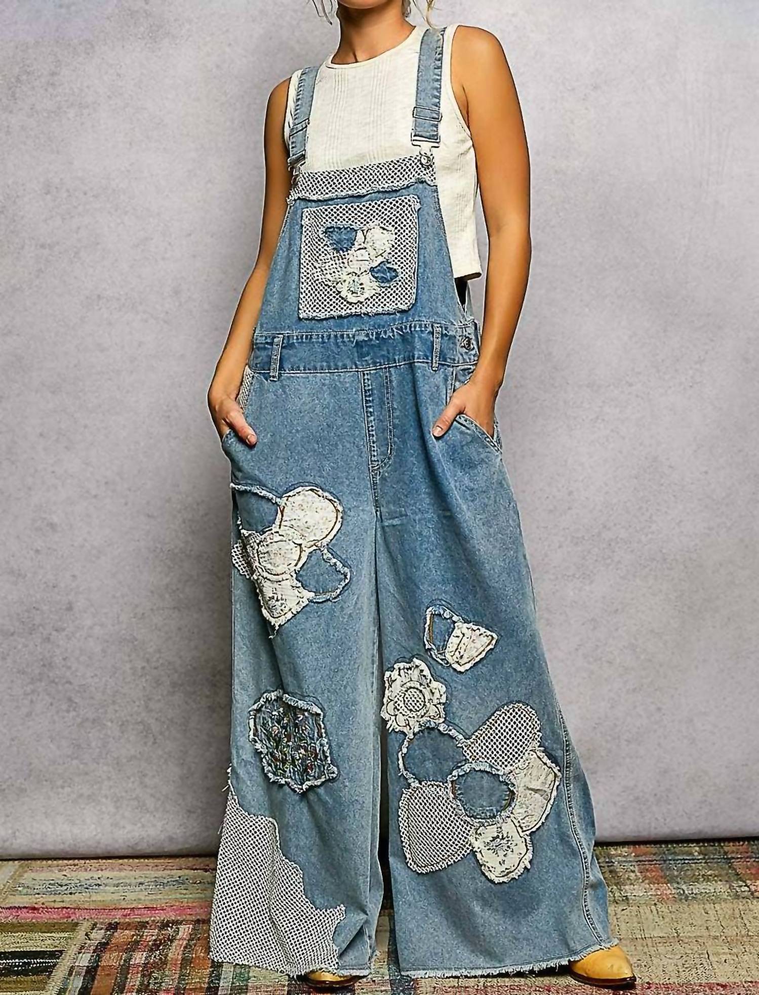 Pol - Embroidery Patchwork Buckle Back Woven Denim Overalls
