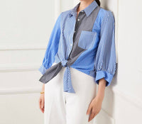 Karen Kane - Blouson Sleeve Mixed Stripe Tie-Front Top