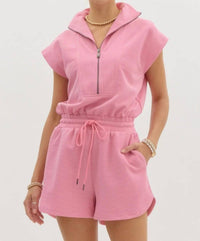 Entro - Women's Solid Ribbed Half Zip Short Sleeve Romper