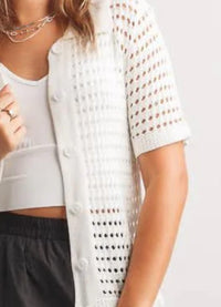 Papillon - Open Knit Short Sleeve Button Front Sweater