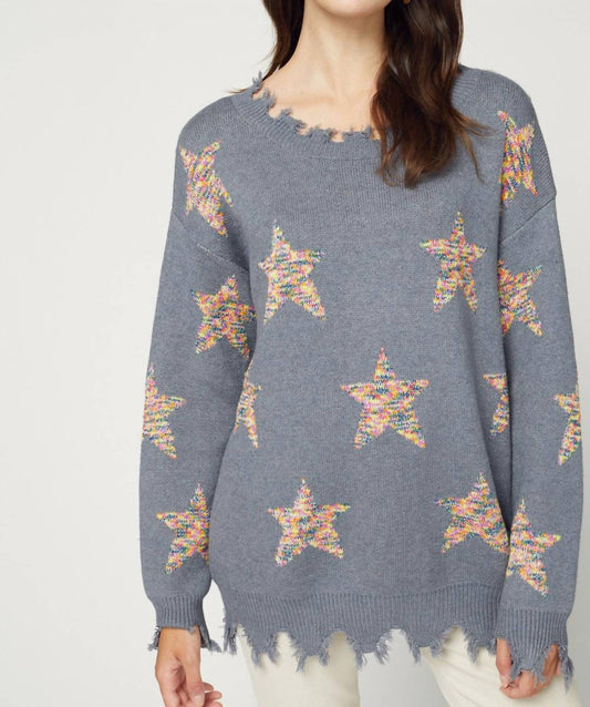 Star Print Distressed Sweater