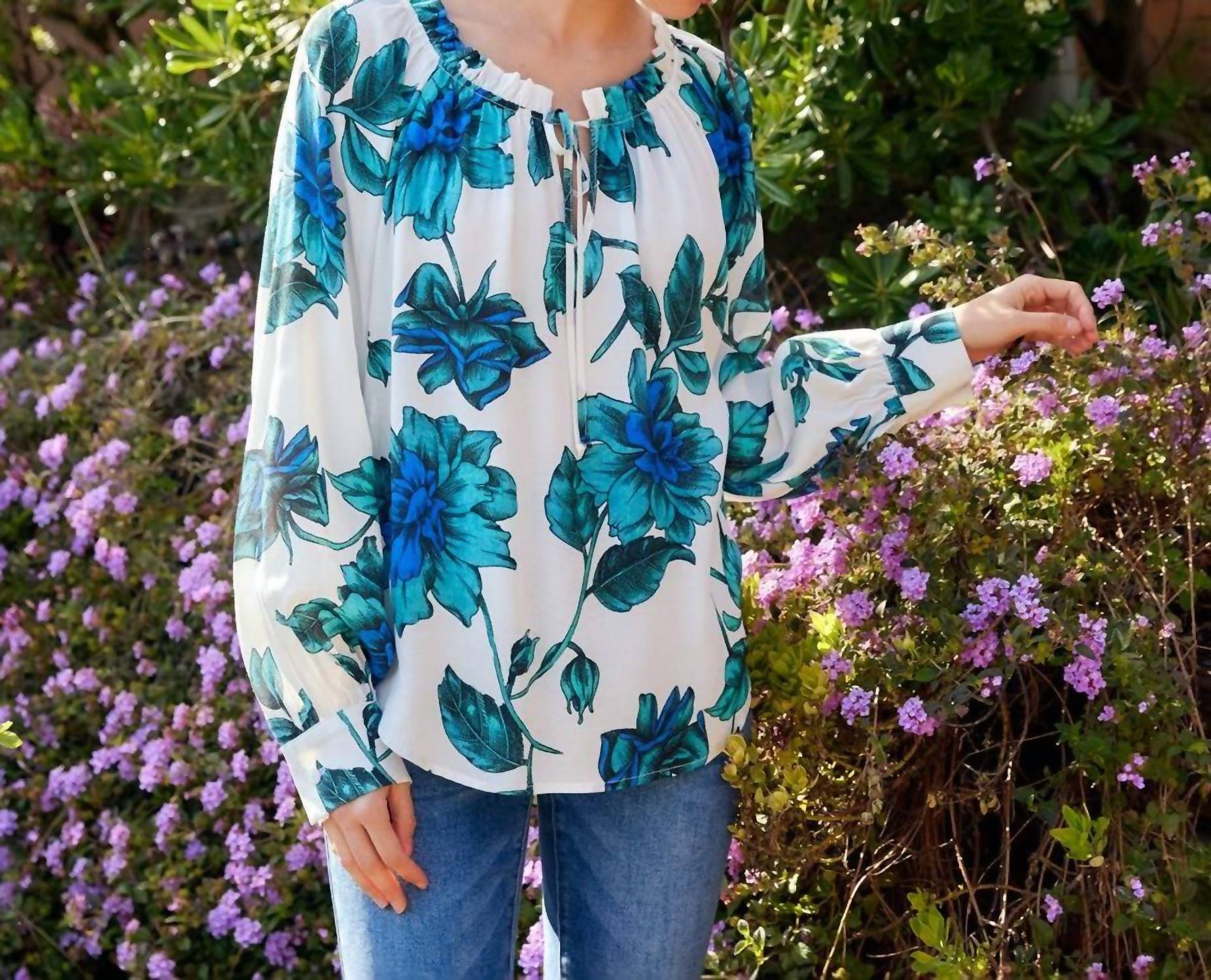 Karen Kane Blouson Sleeve Ruffle Tie-Neck Peasant Top in floral print - women's blouse - view 4