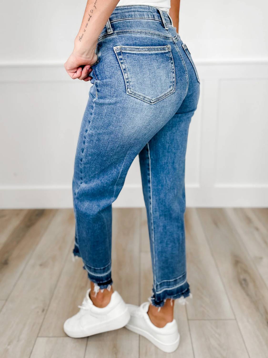 Saige Denim - Kinley Tummy Control Distressed Wide Leg Cropped Jeans