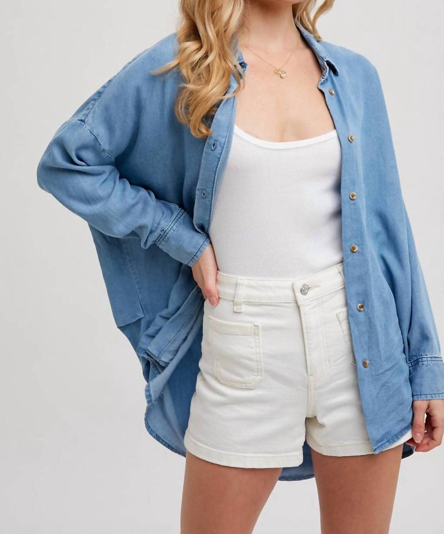 BluIvy Denim Tencel Dolman Sleeve Button Down Shirt in blue - women's shirt - alternate view