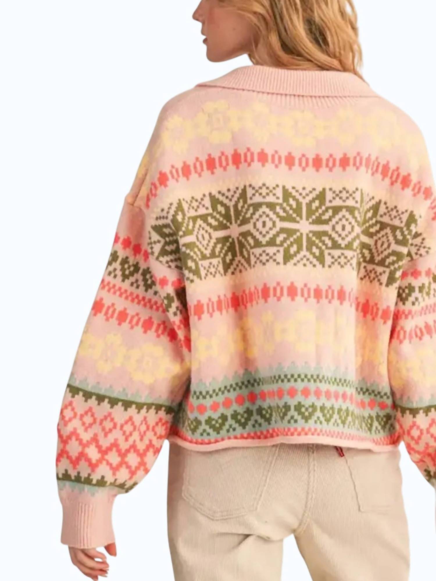 &merci Ribbed Collared Neckline Cardigan in blush pink - women's cardigan - detail view