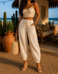 Little Secret Of Mine - Elastic Waist Front Pockets Linen Pants