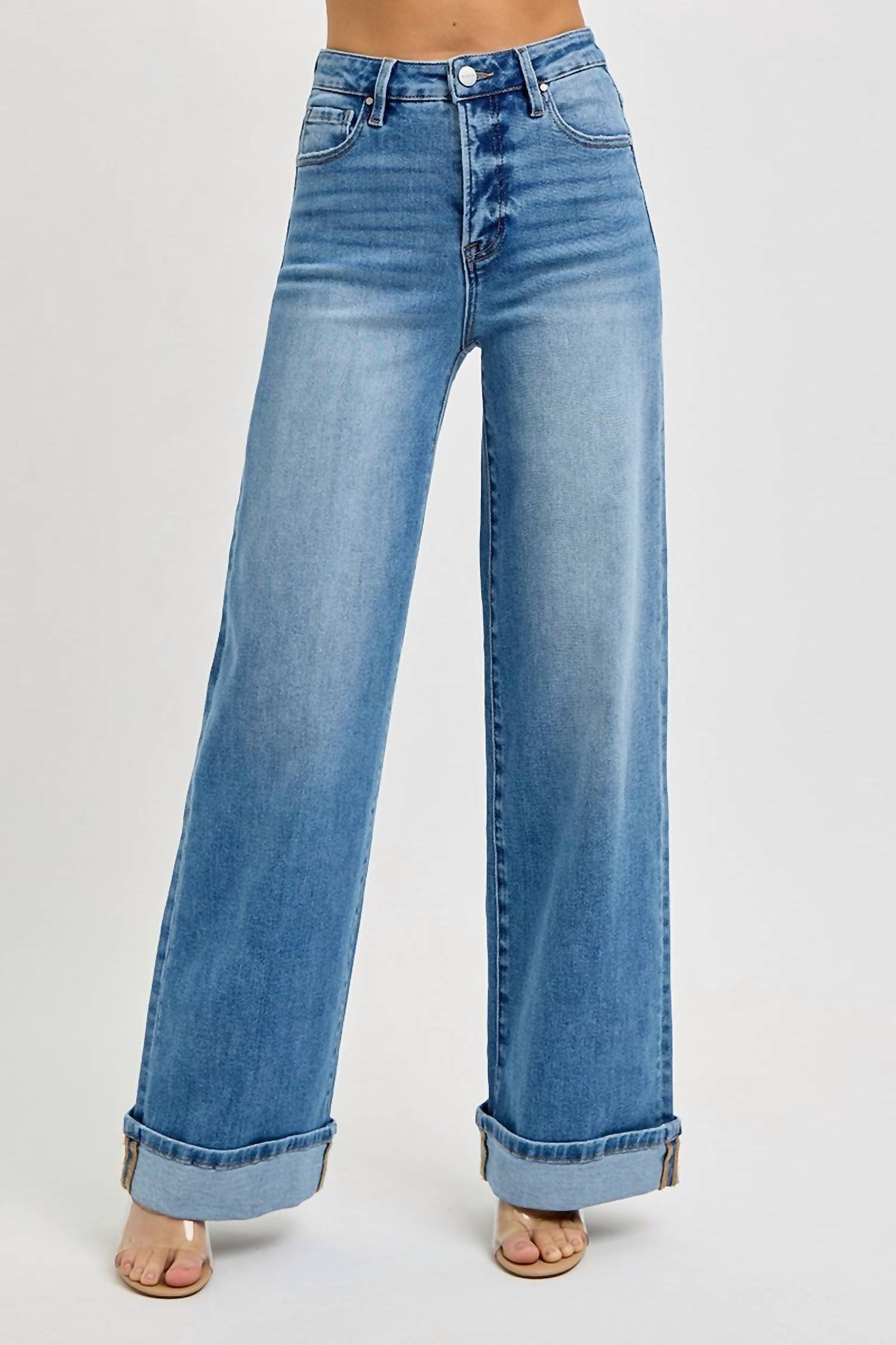 RISEN Sucre 75 Tummy Control High Rise Wide Cuffed Jeans in medium wash - women's jeans - detail view