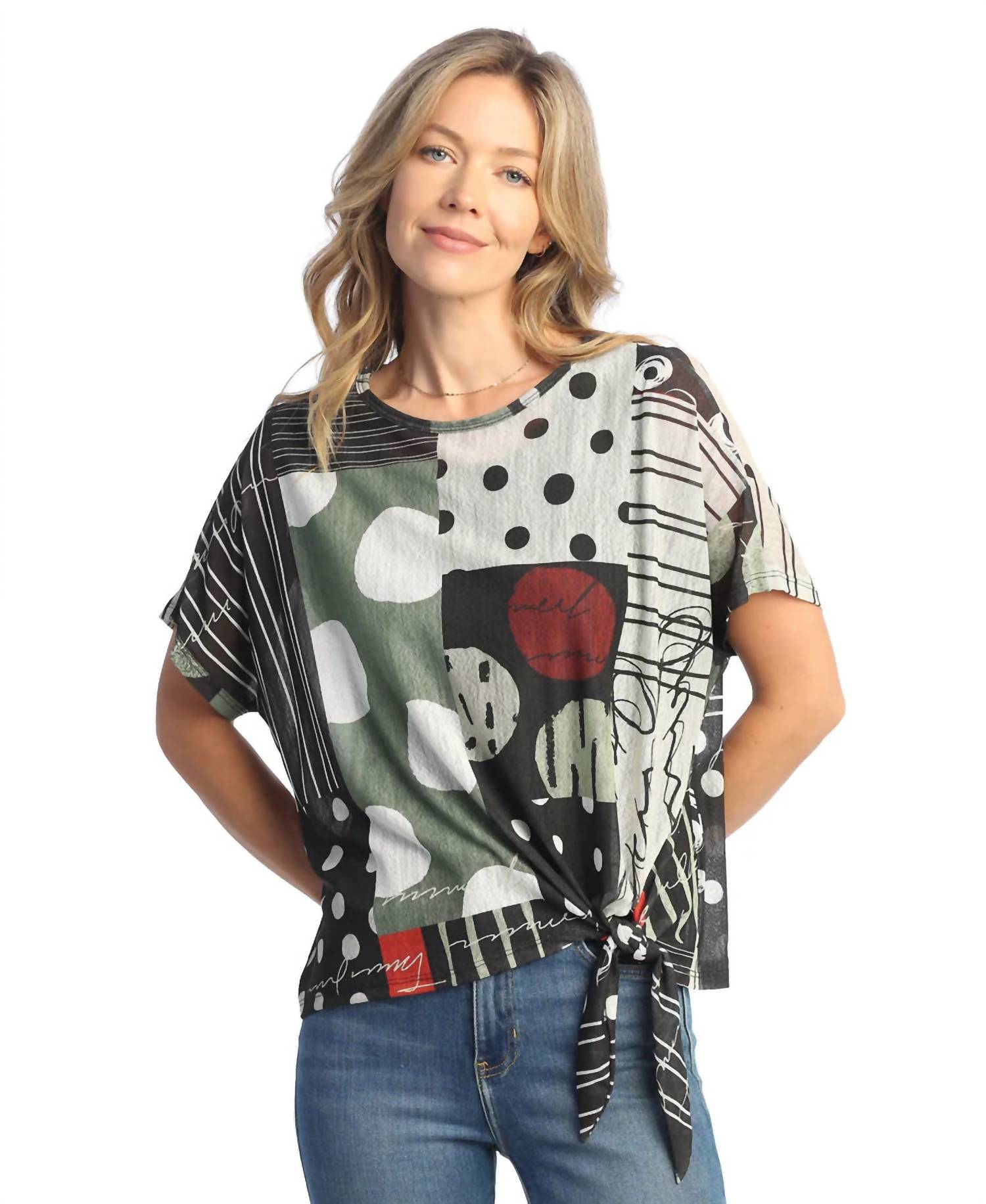 Jess & Jane Amelia Crepe Mesh Tie Front Top in multi color - women's blouse - alternate view