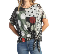Jess & Jane Amelia Crepe Mesh Tie Front Top in multi color - women's blouse - detail view