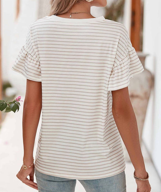 Shewin - Striped Lace Ruffle Sleeve Top