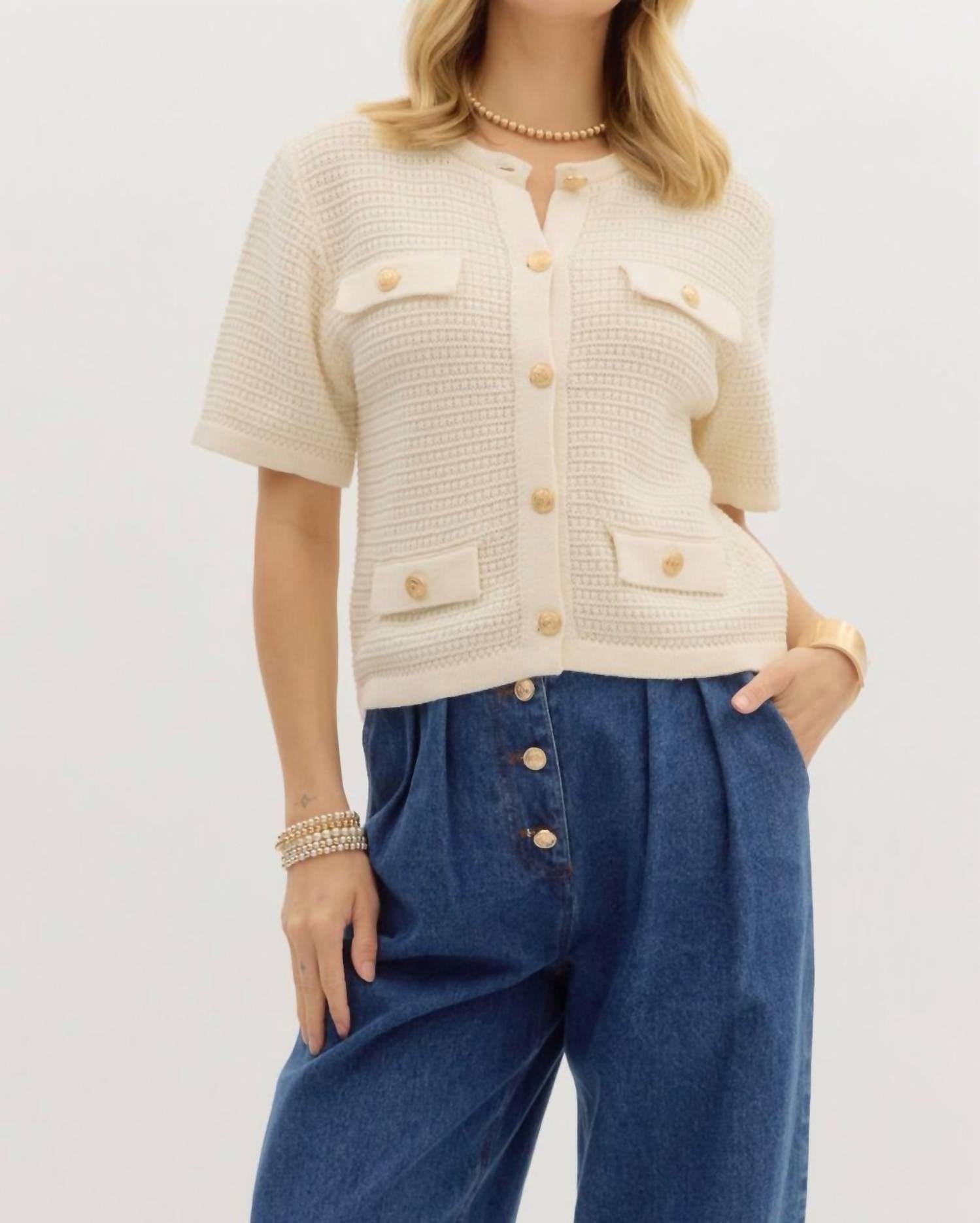 Entro - Short Button Accented Sweater Top
