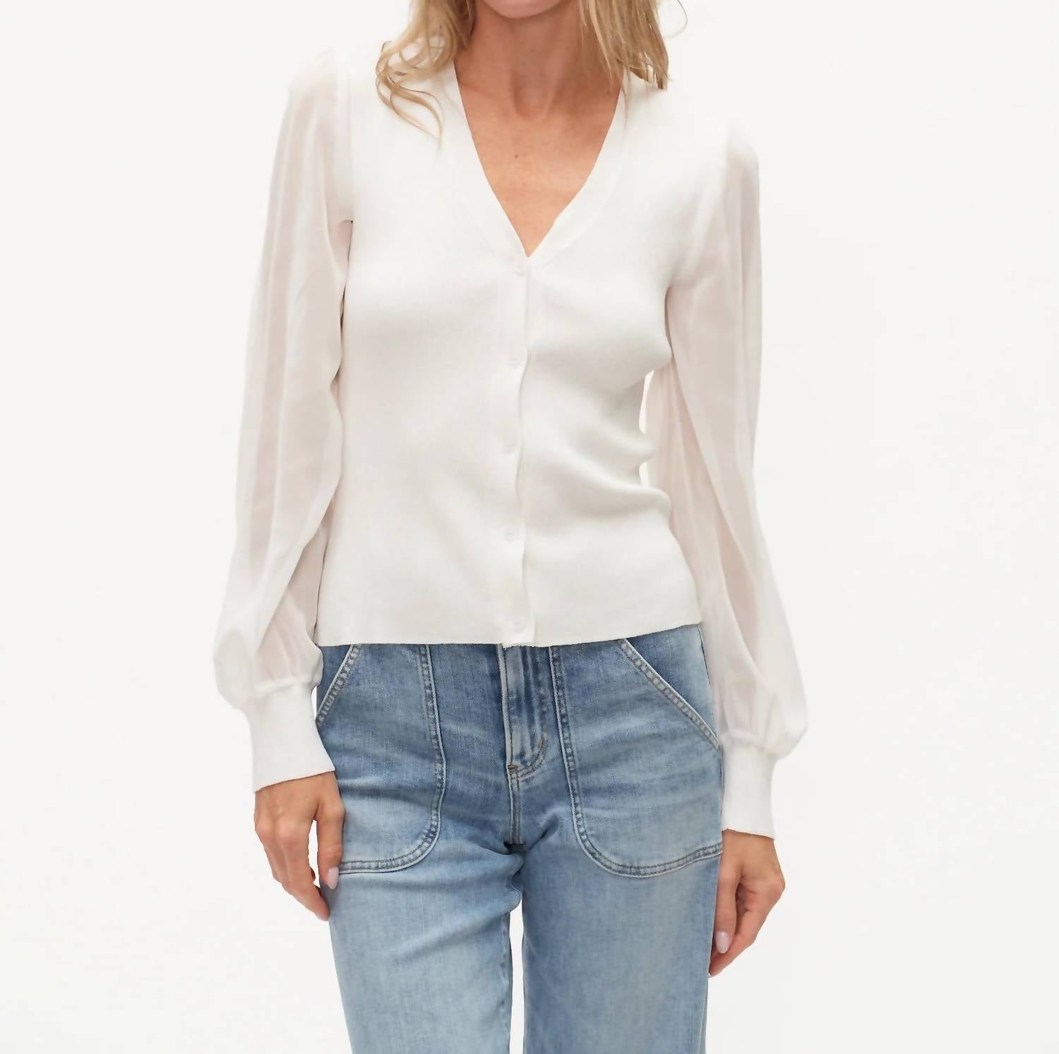 SIX/FIFTY Celeste Sheer Sleeve Top in white - women's blouse
