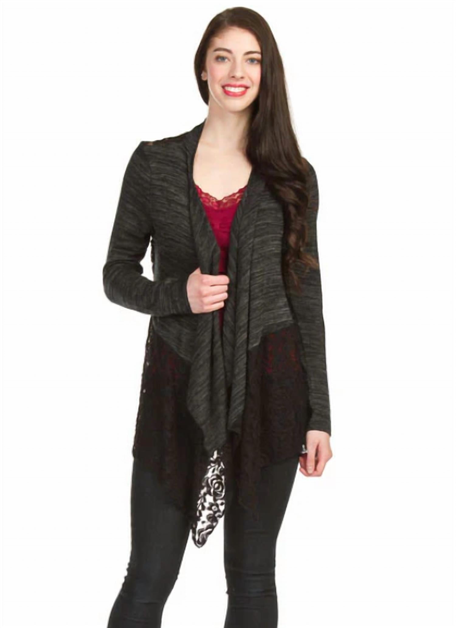 Papillon - Heathered Waterfall Cardigan With Lace Hem
