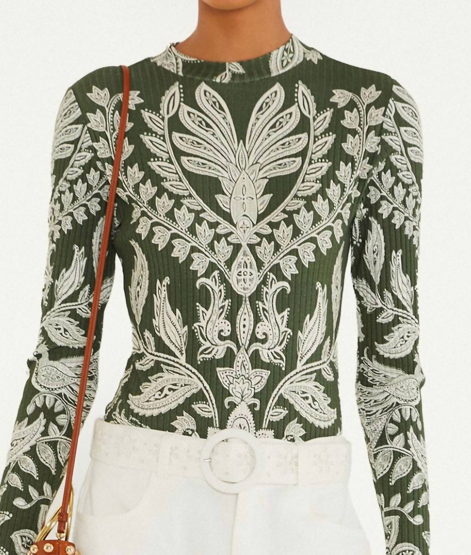 FARM RIO Miranda Long Sleeve Bodysuit in dark green - women's shirt