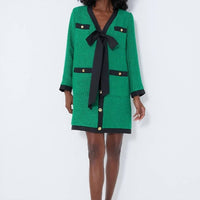 Pomander Place Coco Tweed Bow V-neck Long Sleeve Mini Dress in green - women's dress