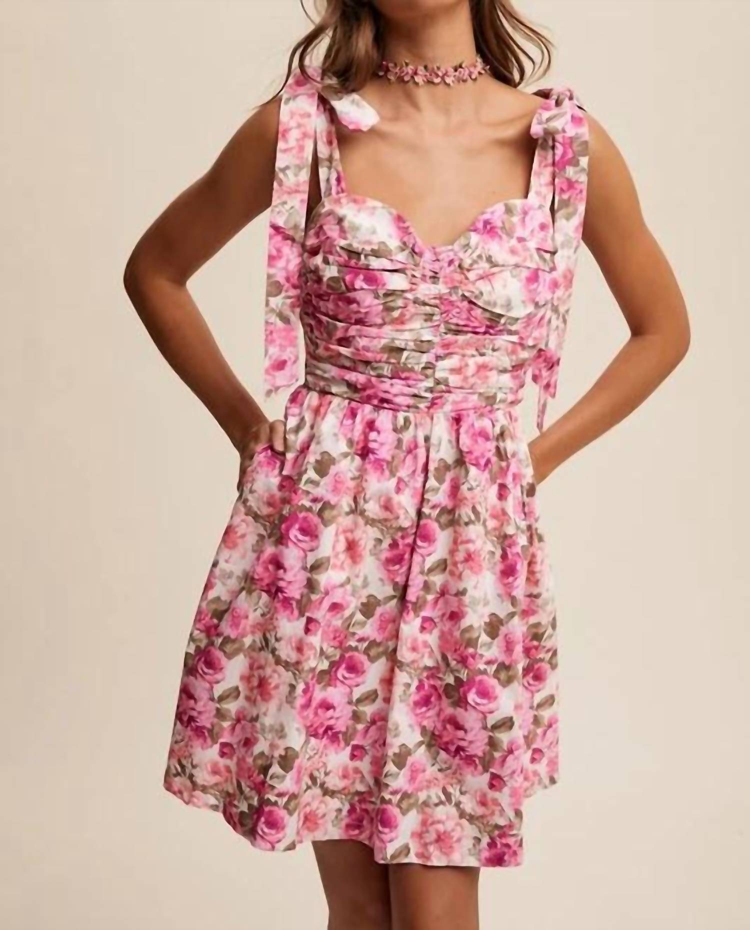 Listicle - Flower Print Bustier Tie Shoulder Dress