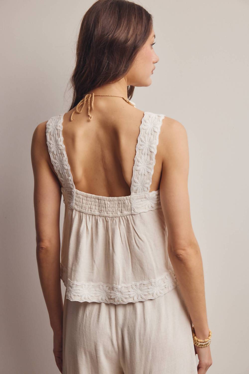 Forte - Embroidered Square Neck Tank And Wide Leg Pants Set