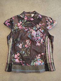 Byron Lars Women's Chinese Inspired Cap Sleeve Top in brown pink - women's t-shirt