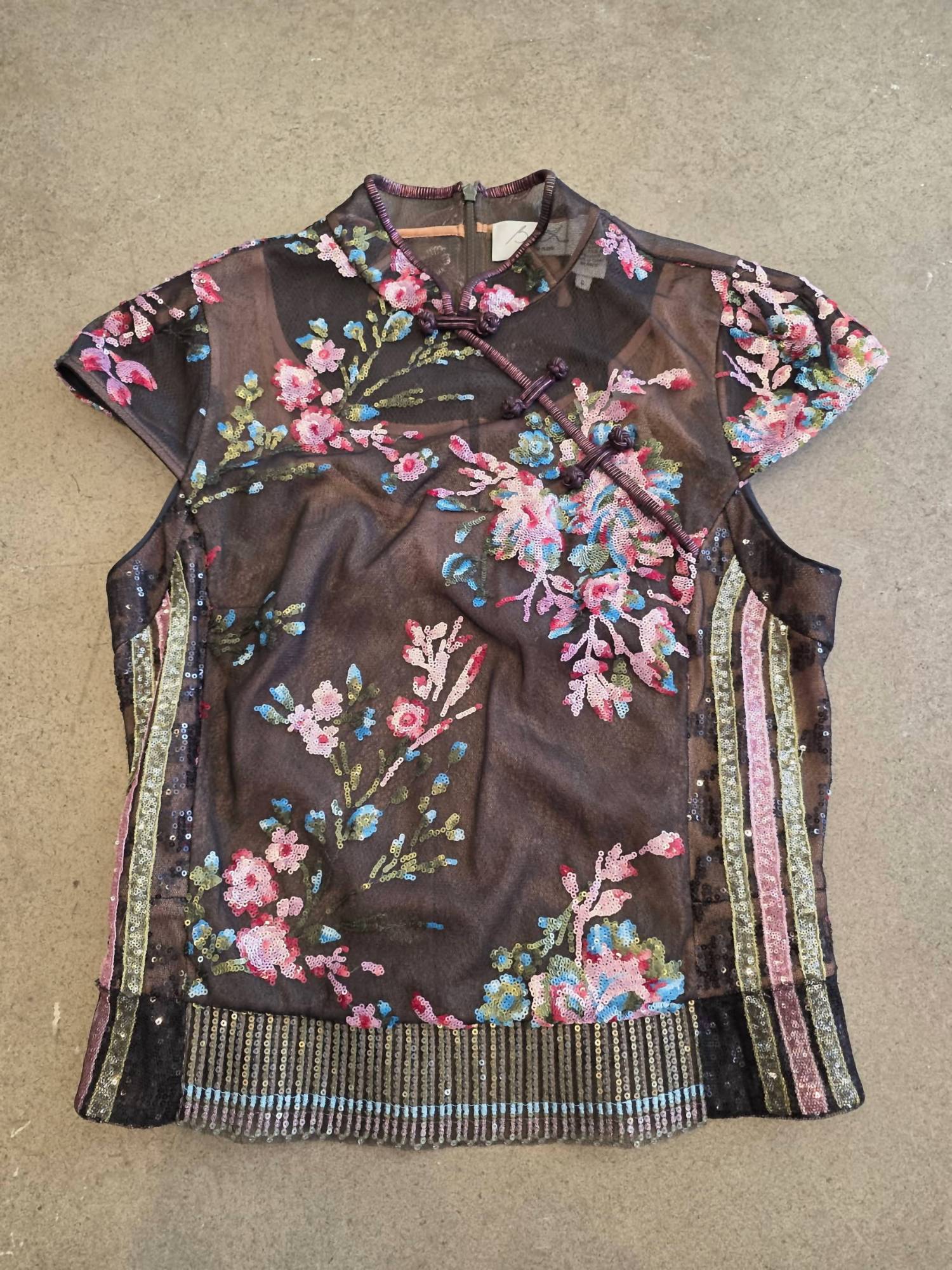 Byron Lars Women's Chinese Inspired Cap Sleeve Top in brown pink - women's t-shirt