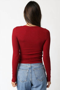 OLIVACEOUS Cassie Long Sleeve Ribbed Top in scarlet - women's long sleeve top - detail view