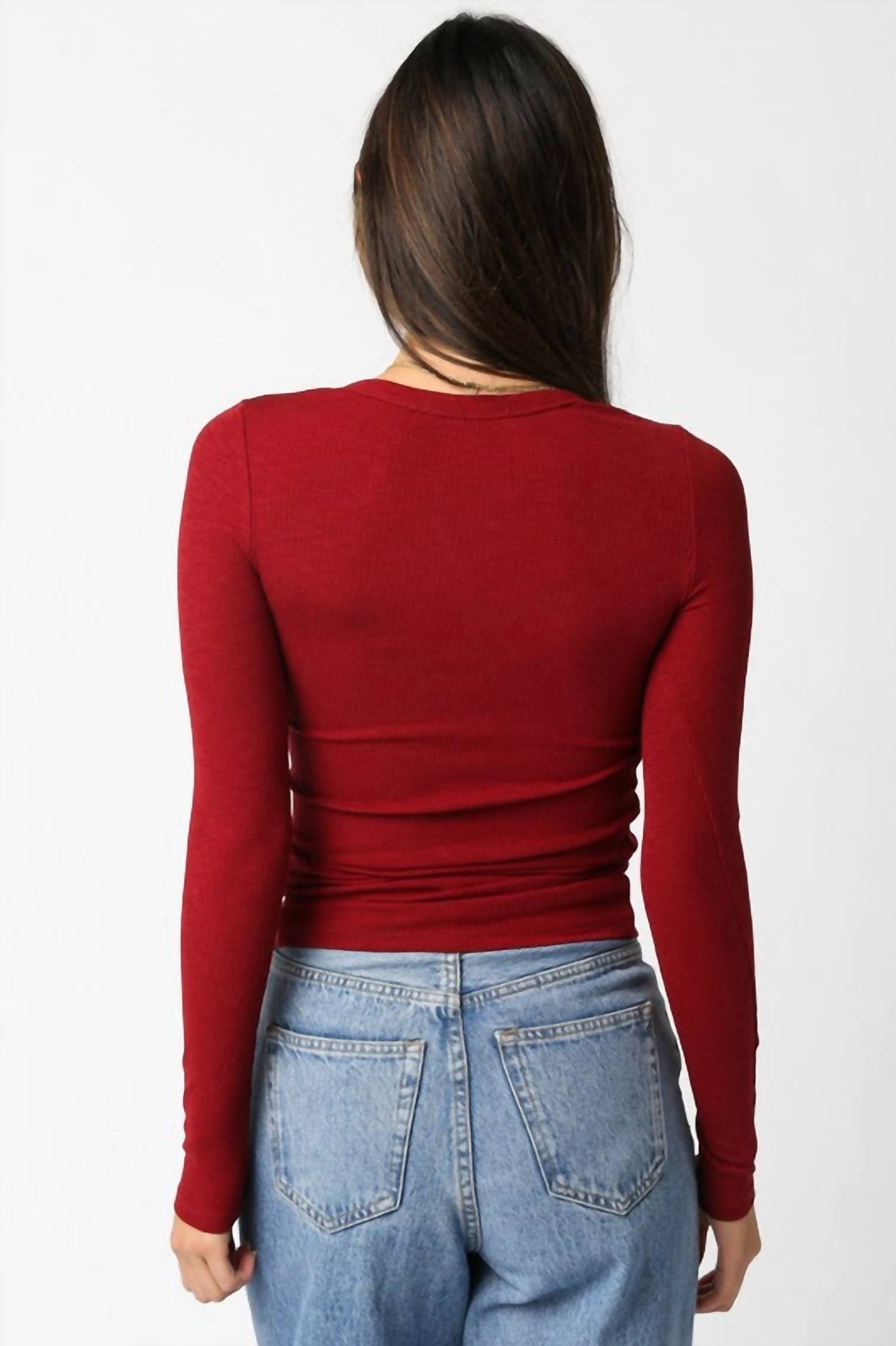 OLIVACEOUS Cassie Long Sleeve Ribbed Top in scarlet - women's long sleeve top - detail view