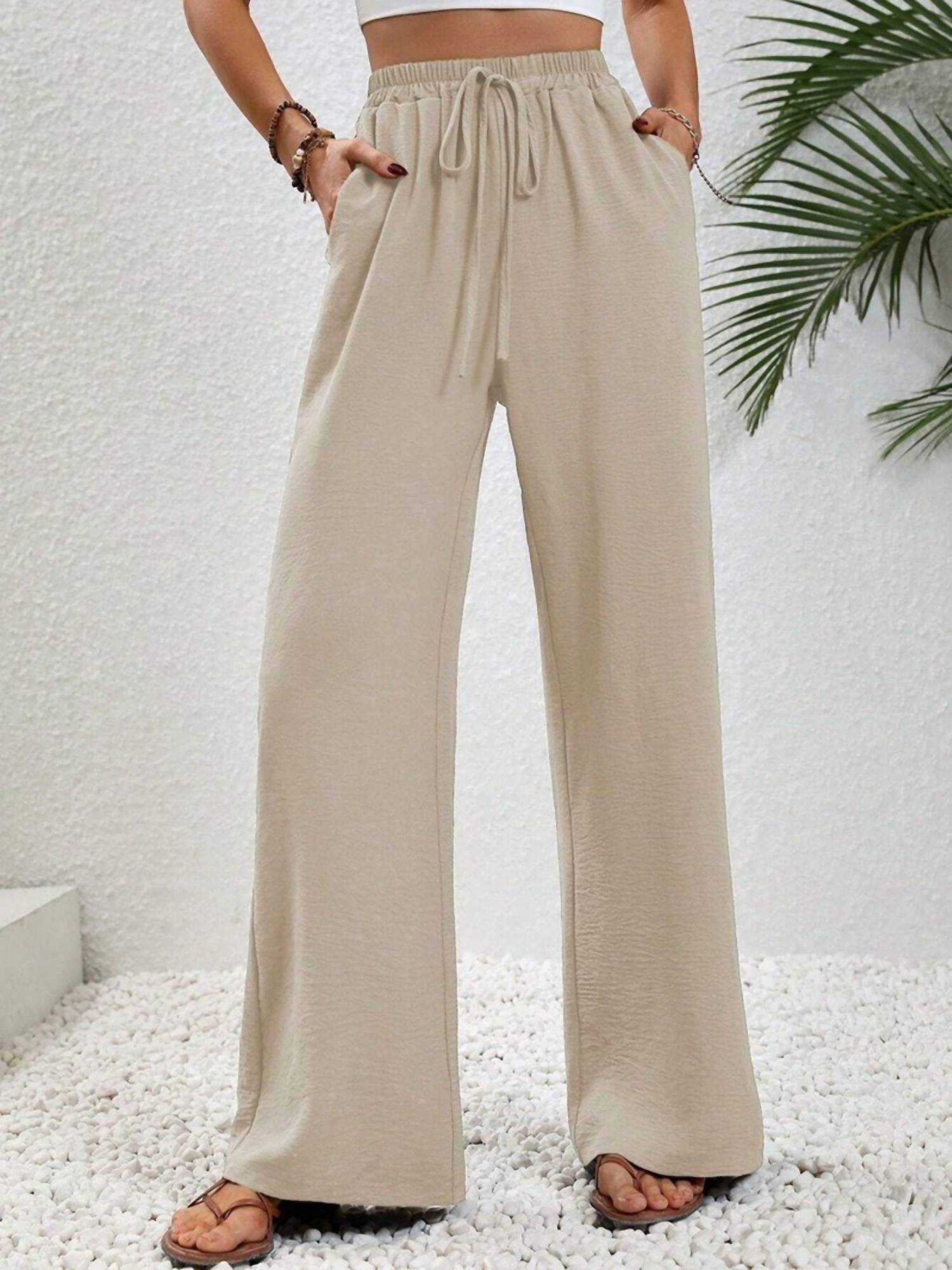 Trendsi - Casual Drawstring Wide Leg Pants