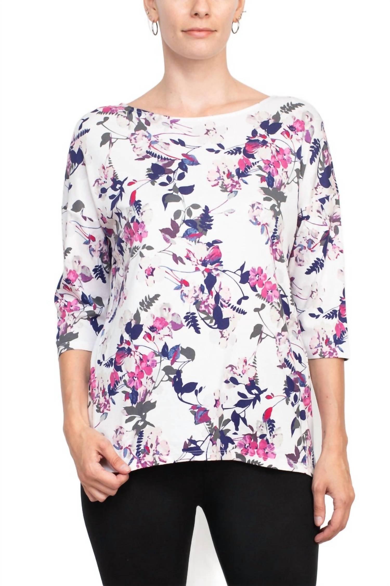 Joan Vass - Boat Neck 3/4 Sleeve Printed Jersey Top