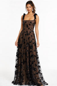 DRESS THE POPULATION Sequin Floral Illusion Tulle Gown in black - women's dress