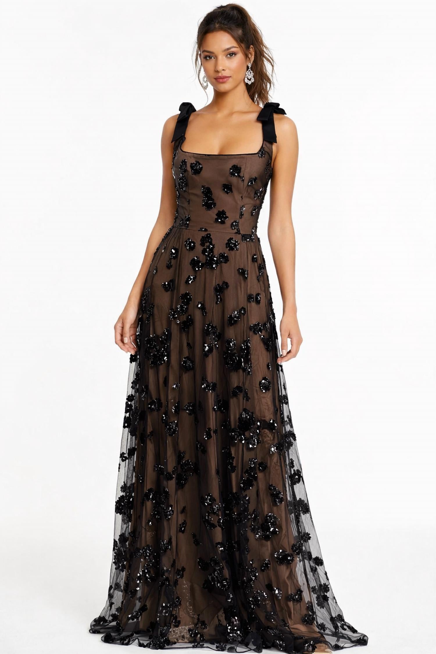 DRESS THE POPULATION Sequin Floral Illusion Tulle Gown in black - women's dress
